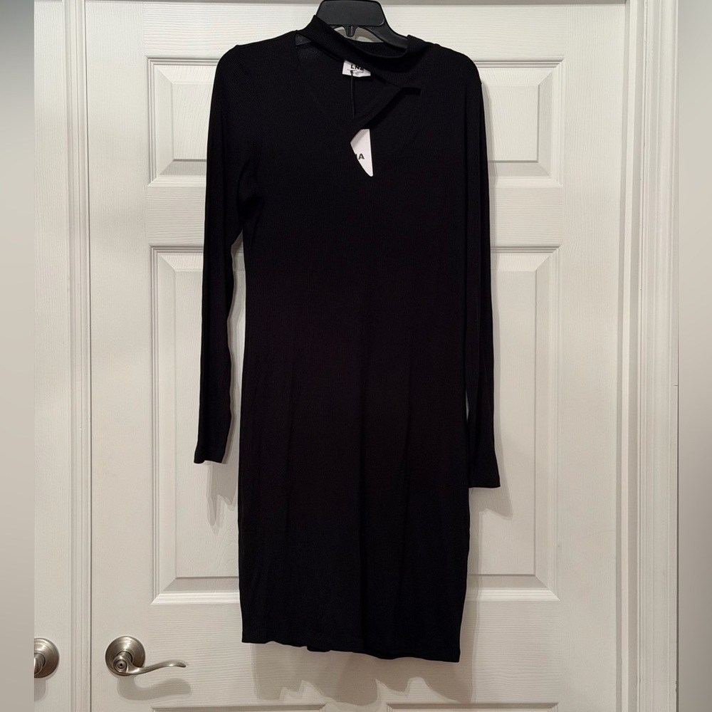 NWT LNA Thea long sleeve ribbed midi dress with neck geometric cutout Size XL